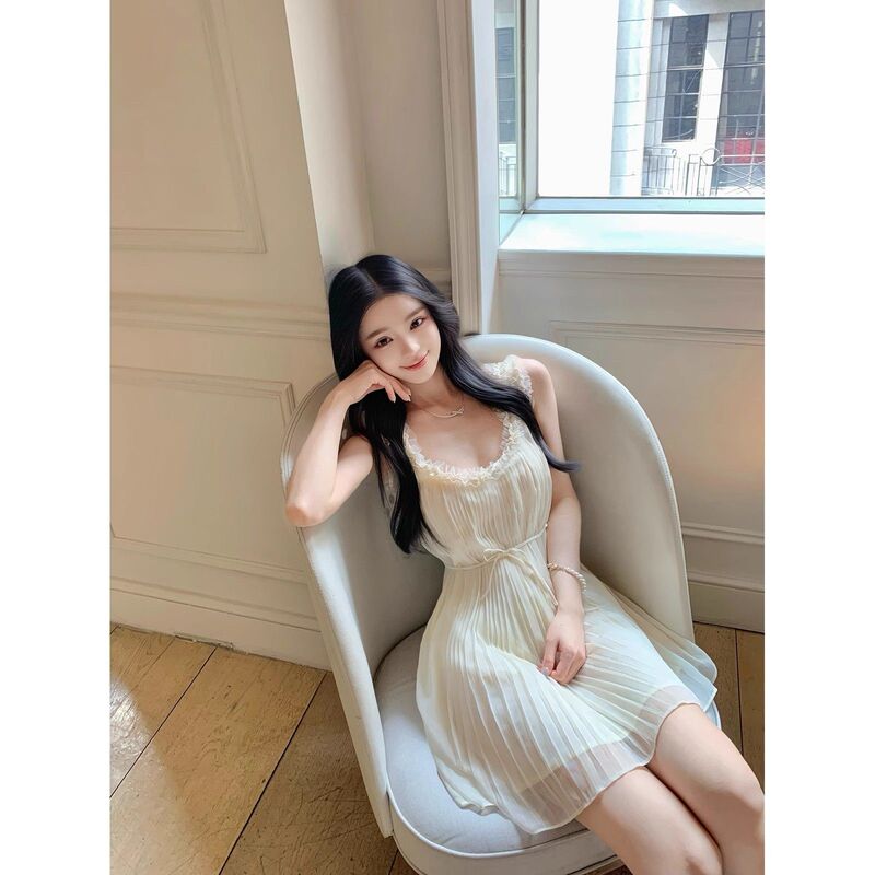 甜美温柔气质蕾丝边百褶睡裙显瘦小个子穿搭旅游度假短裙子夏|undefined