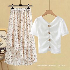 气质甜美雪纺衫两件套装女2025夏季领白色上衣小清新碎花半身裙