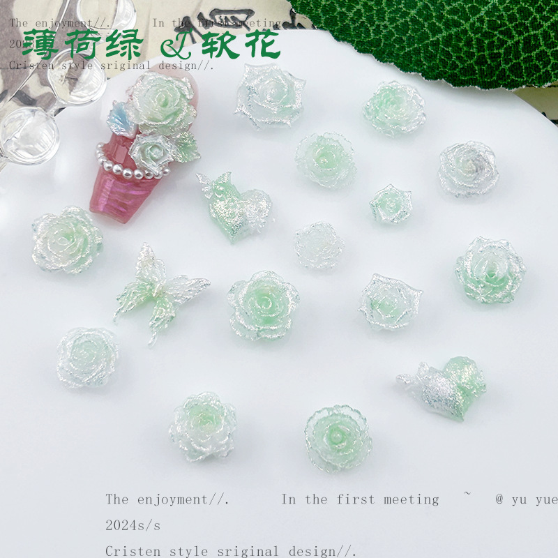 Ice through mint green soft flower nail art jewelry material bag luminous love small butterfly nail art material mixed wholesale