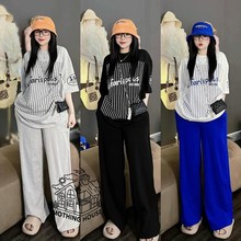 东南亚美式时尚套装女夏季新款条纹印花短袖阔腿裤休闲大码两件套