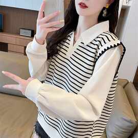 假两件V领卫衣女春秋款韩版宽松薄款条纹感Polo衫正肩上衣服