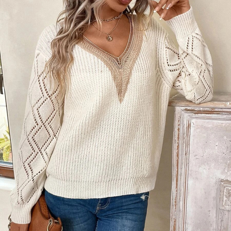 Regular Top Length Sweater Tops Type Daily Occasion V Neck Neckline Women's Sweater Long Sleeve Sweaters & Cardigans Rib-knit Casual Solid Color