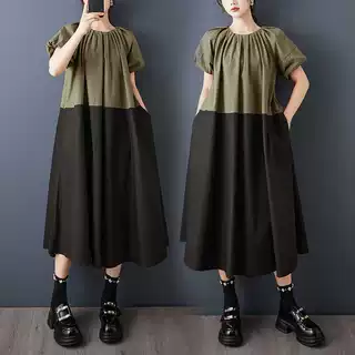 实拍小众设计感时尚撞色拼接连衣裙宽松休闲抽褶灯笼袖中长裙