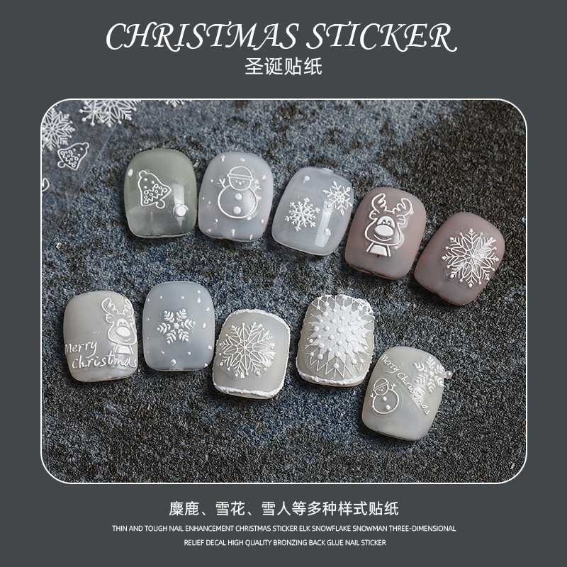 Popular en línea popular japonés copo de nieve uñas pegatinas Navidad muñeco de nieve otoño e invierno popular alivio tridimensional Año Nuevo alces de alta gama