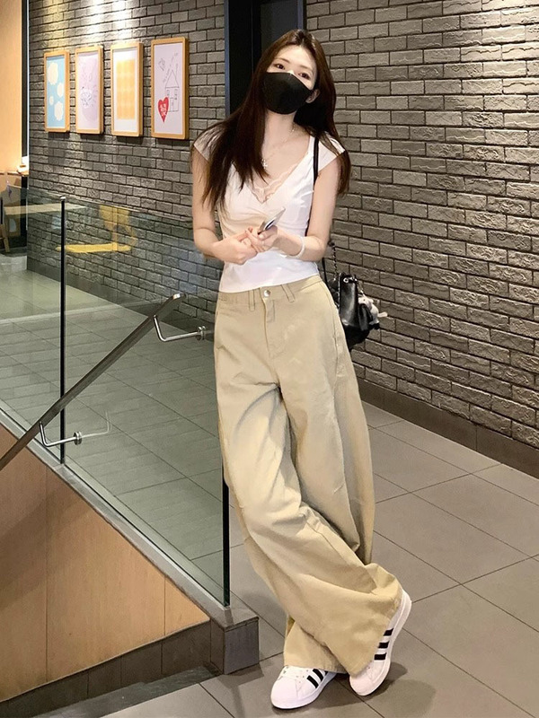 卡其色工装牛仔裤女夏季2025新款大码胖mm高腰宽松显瘦阔腿拖地裤|undefined