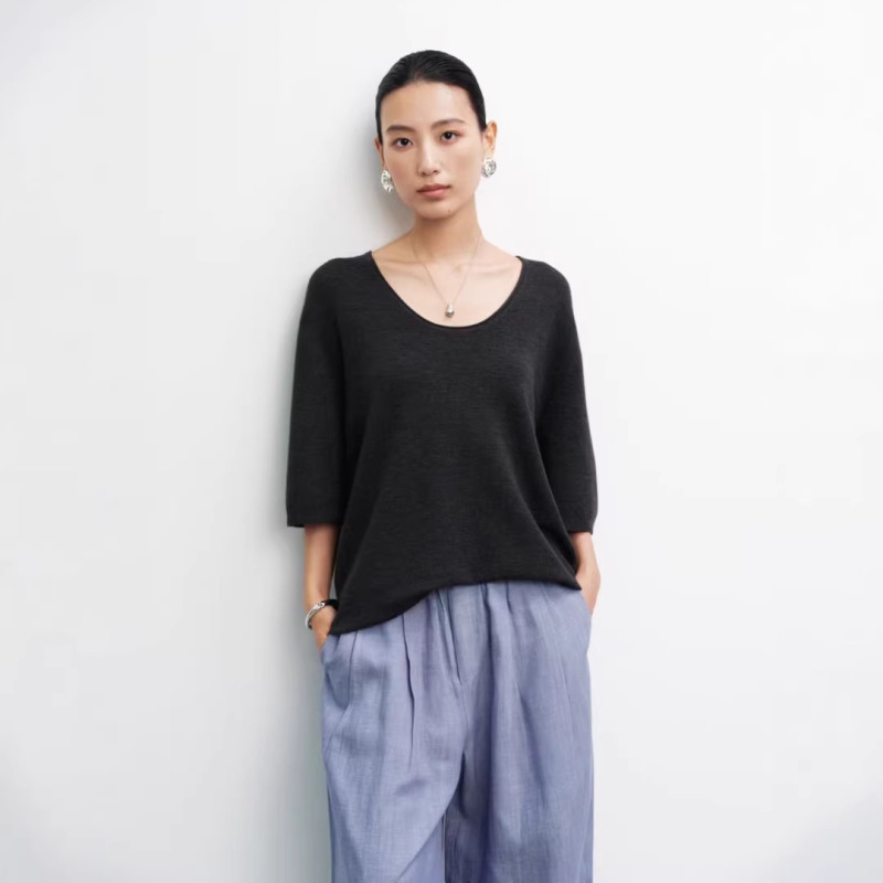 High-Quality! Yangzi Yarn Minimalist Style High-End U-Neck Loose Knit Sweater, Thin for Spring and Summer, Machine Washable, Rolled Edge Wool T-Shirt