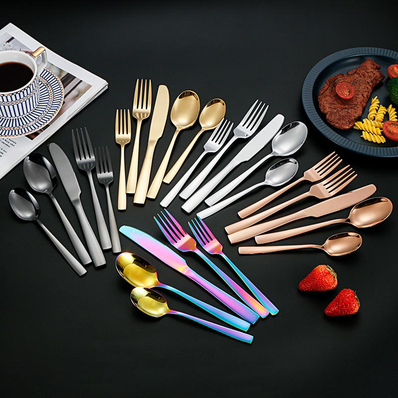 Suministro directo de Amazon mango cuadrado vajilla de acero inoxidable cuchillo de comida occidental tenedor cuchara Hotel europeo cuchillo de carne tenedor cuchara traje