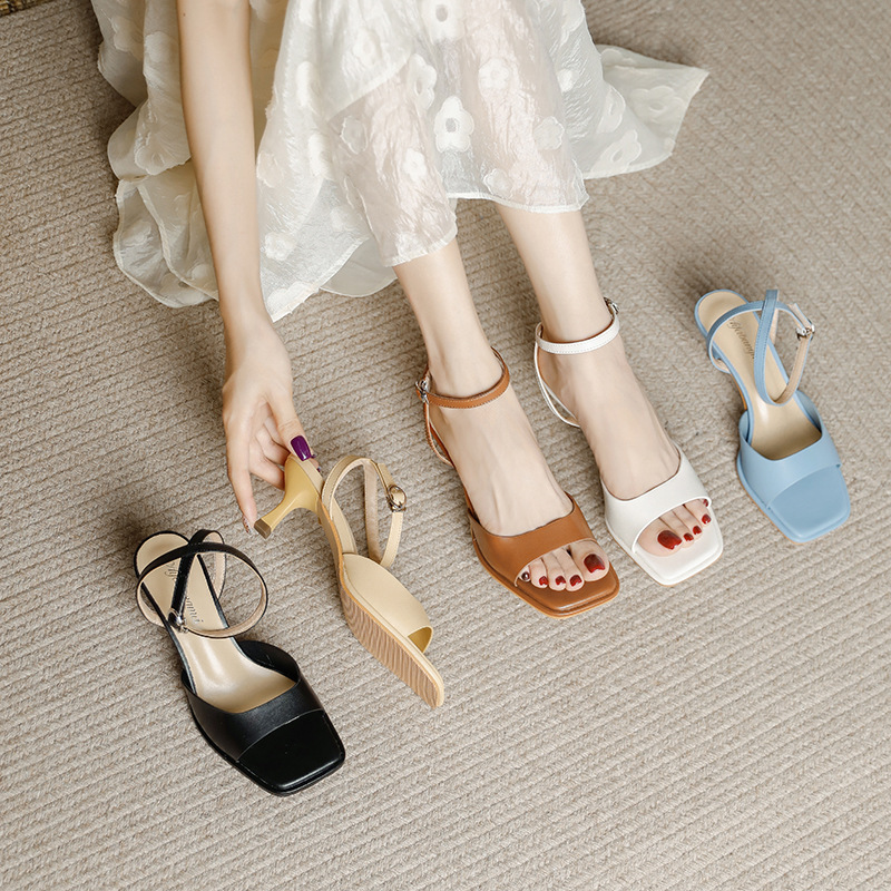 High Heels Sandals Square Toe Open Toe Stiletto Commuter Summer Women's 2024 New Style Bare Strap High Heel Fashion Sandals