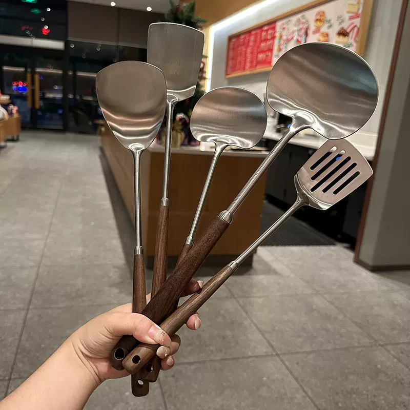 304不锈钢胡桃木炒铲煎铲苹果铲蘑菇铲家用炒菜铲勺厨房烹饪勺铲