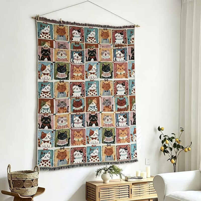 Vintage Checkered Cat Jacquard Tapestry Thread Blanket with Tassels, Background Cloth for Homestay Living Room and Bedroom Wall Decoration