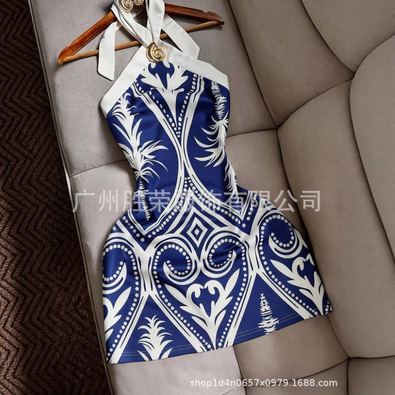 New foreign trade cross-border European and American women's fashion sexy slim-fit backless tie-dye printed color-blocking mini bodycon dress