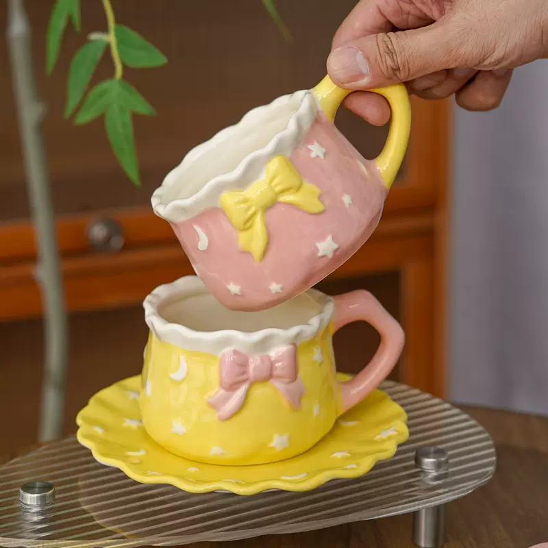 星空咖啡杯一杯一碟情侣款立体浮雕蝴蝶结少女心下午茶设计感小众
