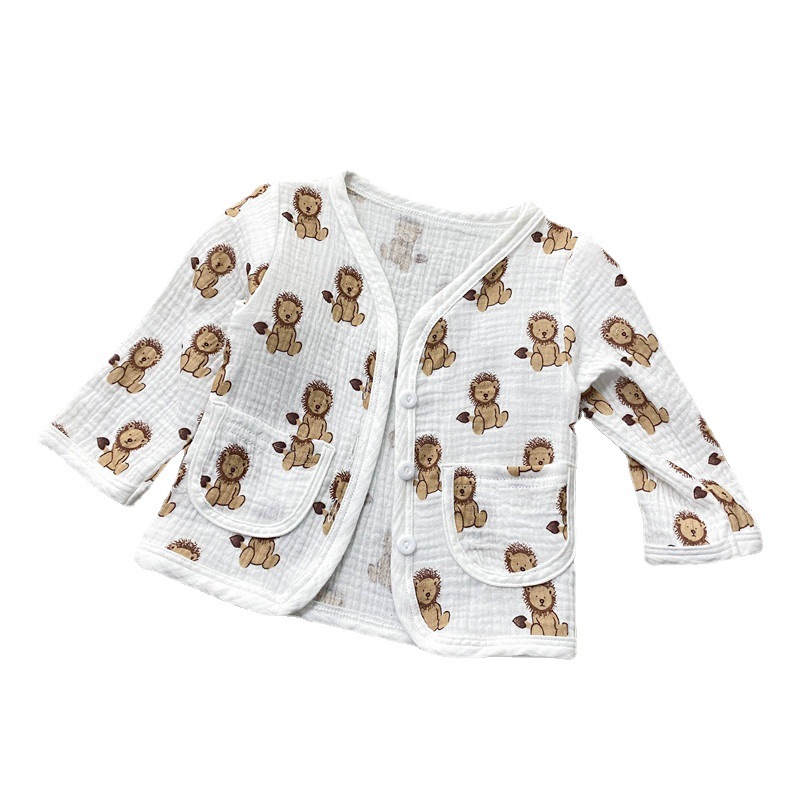 한국식 아동복 면 거즈 곰 스타일 긴팔 코트 봄, 가을 간단한 긴팔 코트 남성과 여성  유행 가디건