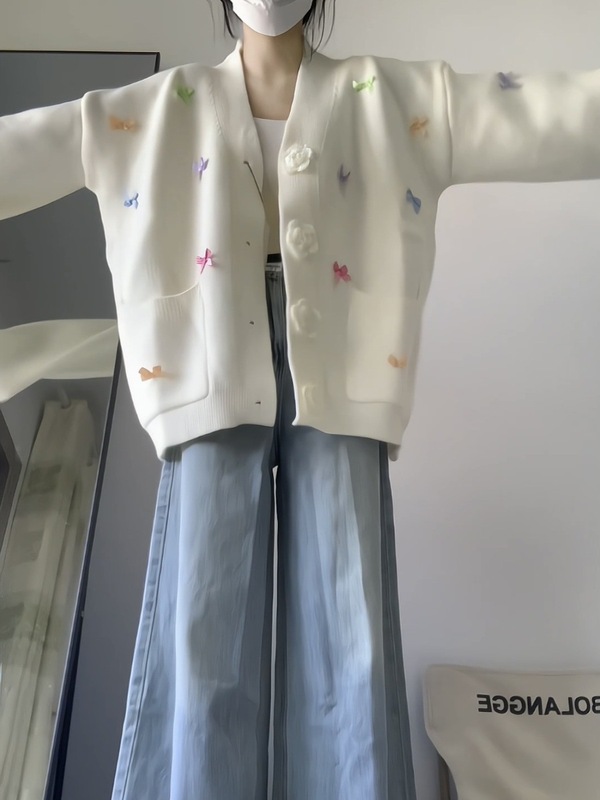韩系奶fufu蝴蝶结针织开衫女秋新款小众设计感宽松软糯毛衣外套|undefined