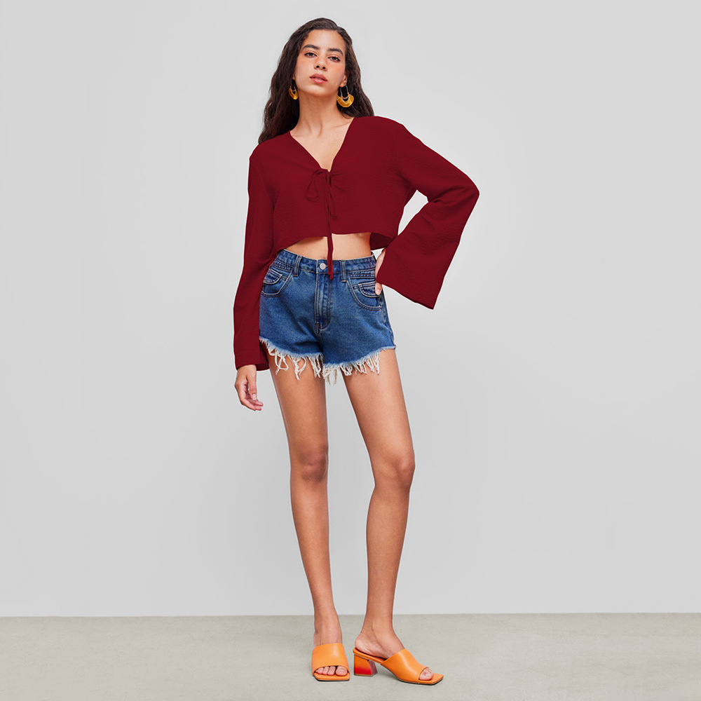 Voya 2026 Sexy V-neck T-shirt With Spring And Summer Chest Tie, Niche Burgundy Cardigan Top, Women's Clothing_ecoleips.com
