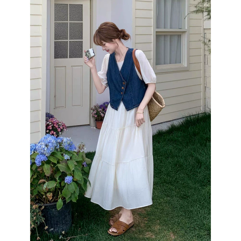 Плюс сайз повседневный джинсовый жилет с платьем-костюмом для женщин, лето 2025, новая длинная юбка, простой и элегантный