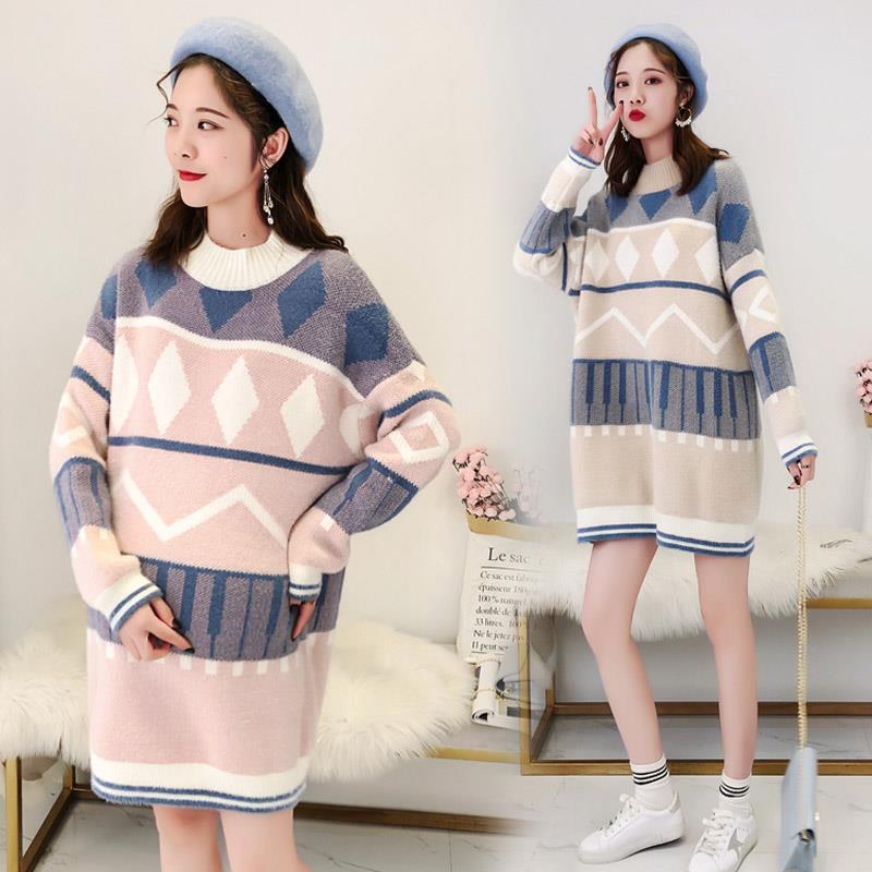 임신 겨울 슈트 스웨터 중간 길이 느슨한 임신 후기 바텀 탑 여성용 겨울 속옷 두꺼운 코트