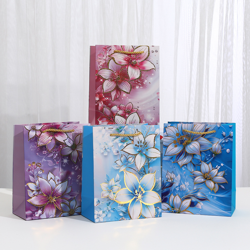白卡纸袋派对手提礼物袋批发印花外卖袋商场包装袋烫金花卉礼品袋