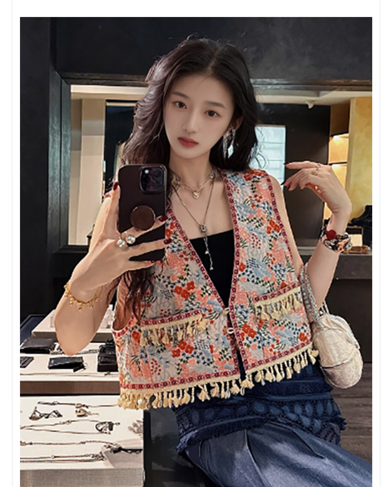 Áo vest không tay ngắn phong cách Trung Hoa thêu hoa tua rua ZX N4078 — Màu đỏ cam chi tiết 2