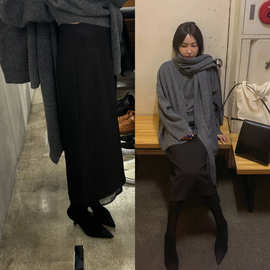 现 2025冬季新款韩国东大门baby酱直筒后开叉皱皱拼接半身裙