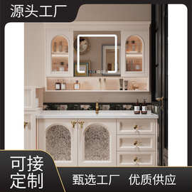 橡木法式复古陶瓷一体盆半墙柜浴室柜组合卫生间洗漱台智能镜柜
