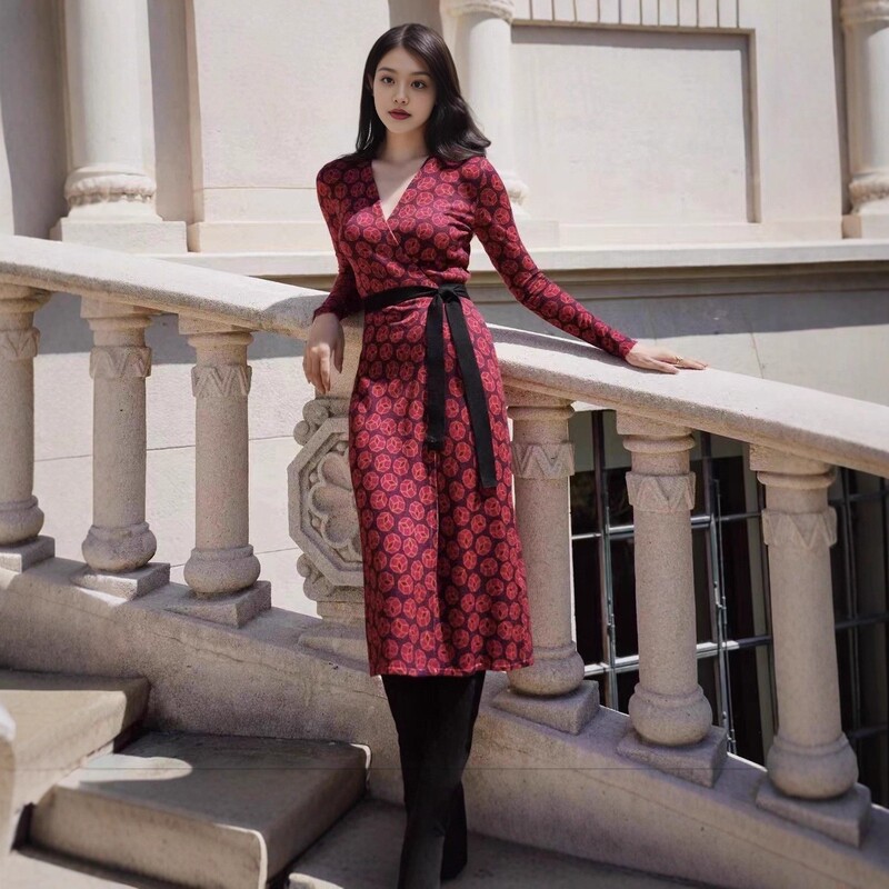 Spring Style Crystal Linen French Crimson Lucky Dice Print V-Neck Wrap Dress with Waist-Cinching Slimming Long Sleeves Mid-Length Dress