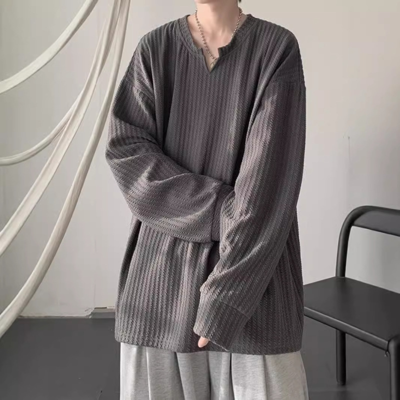 テクスチャード長袖Tシャツメンズ2024春秋新作アメリカンヘビーウェイトルーズユースインナーレイヤリングトップス|undefined