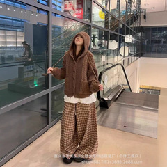 日韩休闲慵懒风连帽宽松毛衣女2025秋冬季新款纯色针织开衫上衣女