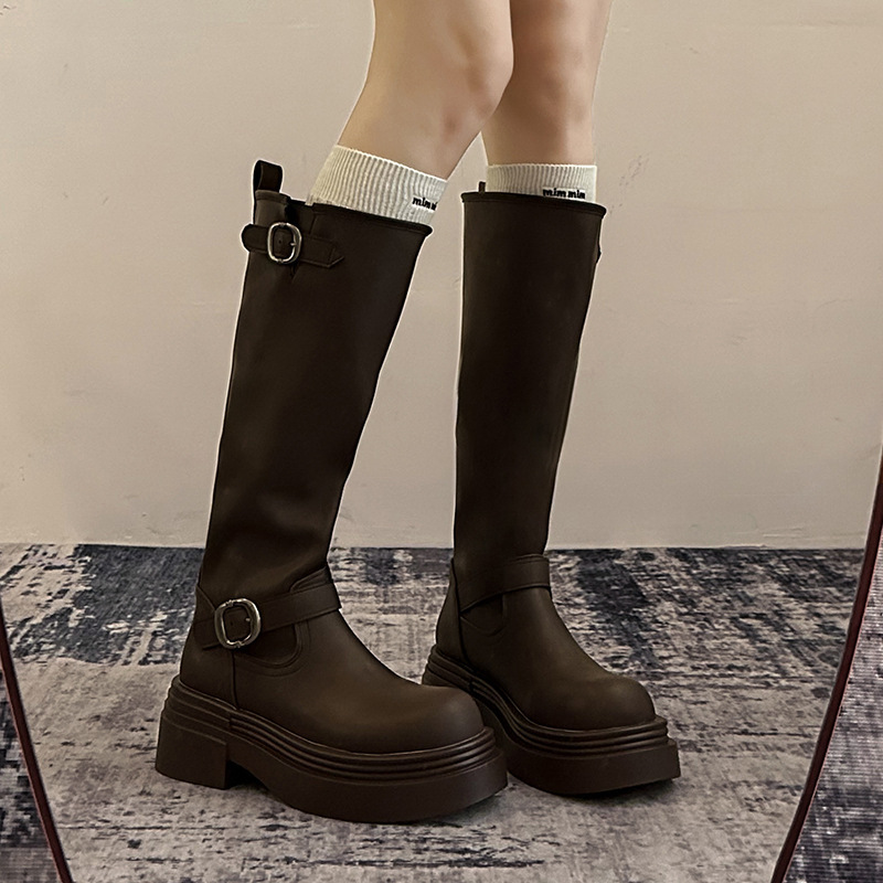 美式黑色不过膝粗跟厚底长筒靴女2025新款秋季英伦风显瘦骑士靴子|undefined