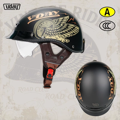 Motosiklet kaskı (dəbilqə) – half helmet, all-season safety helmet - vq-3-black-gold-flywheel-m-52-54cm-transparent-black-tea-lens