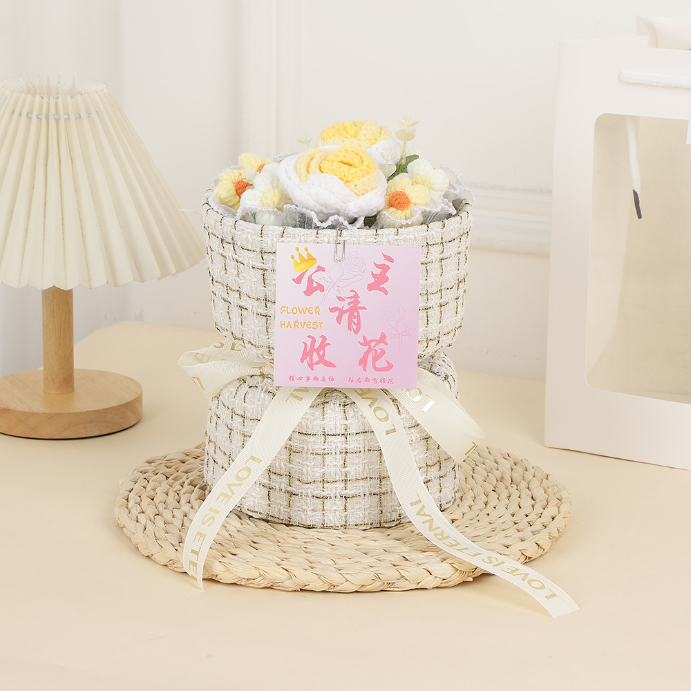 Día de la Madre Clavel de incienso pequeño tejido de flores de punto ramo de lana para esposa, novia, madre, regalo de cumpleaños