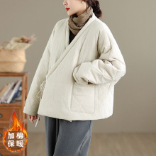 棉麻夹棉外套女冬季新款原创禅意女装国风斜襟系绳棉服外穿棉袄