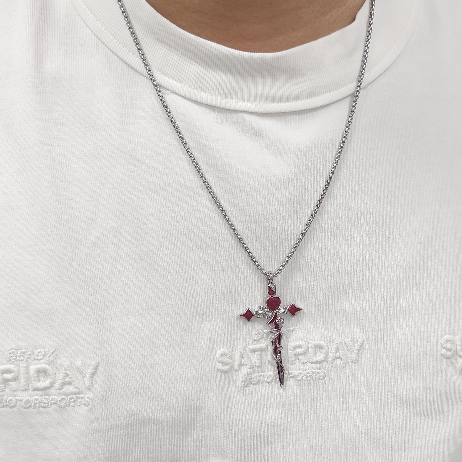 Men's Thorn Rose Cross Necklace, Personalized Rhinestone Pendant_voghion.com