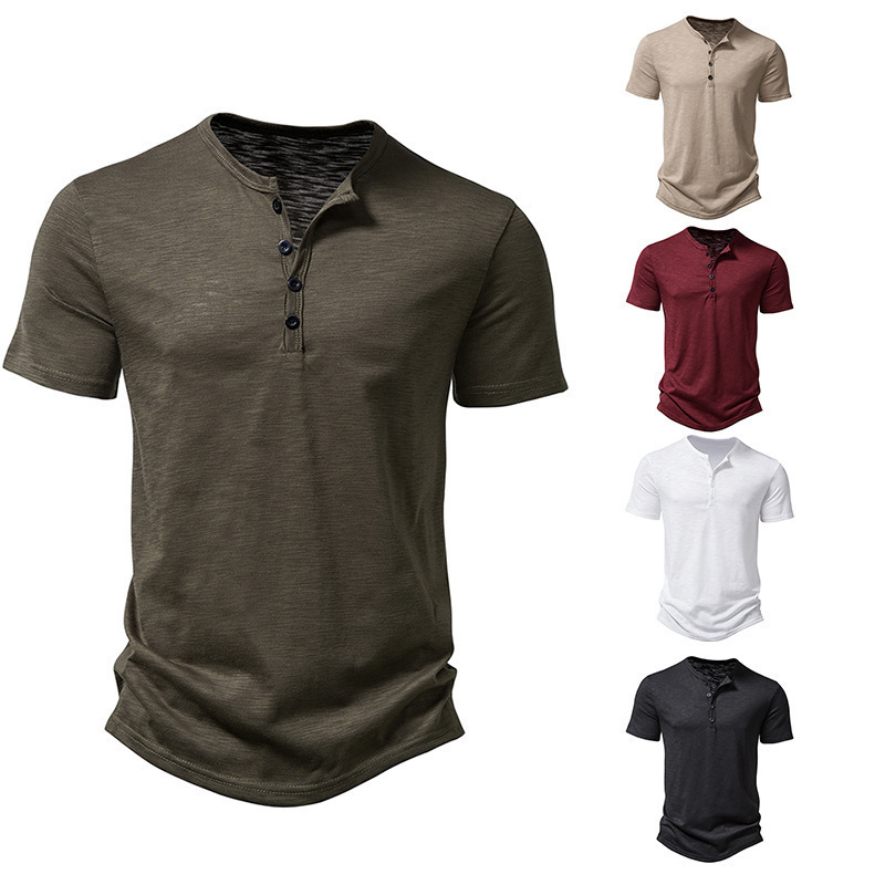 26 Cross-Border European and American Summer New Men's Henley Collar Cotton-Linen Short-Sleeve T-Shirt Casual Fashion Polo Shirt