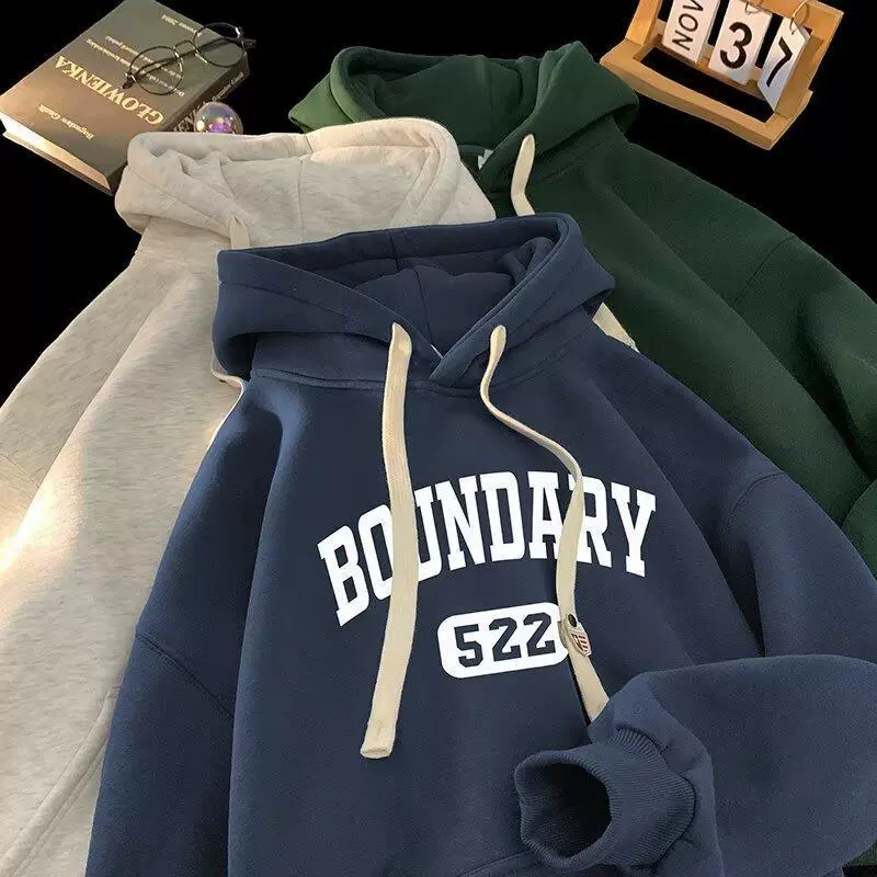 Тяжелый с капюшоном и плюшевым свитер мужской 2024 осенний американский пальто ins гонконгский ветер свободный прилив большой размер одежды