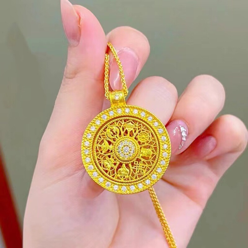 Imitation vietnam gold turnable eight treasure compass pendant necklace women's disc hollow pendant sweater chain wholesale Imitation vietnam gold turnable eight treasure compass pendant necklace women's disc hollow pendant sweater chain wholesale