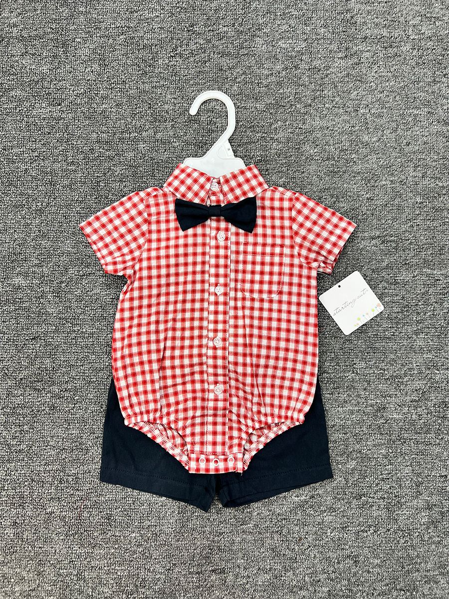 Comercio exterior transfronterizo bebé bebé pajarita manga corta traje de tres piezas pequeño caballero camisa a cuadros ropa para recién nacidos image 5