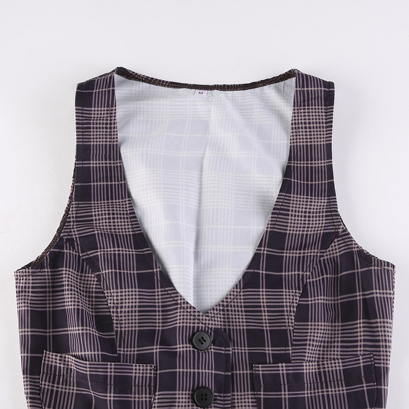 Buttons Plaid V Neck Sleeveless Slim Vest NSSSN116160