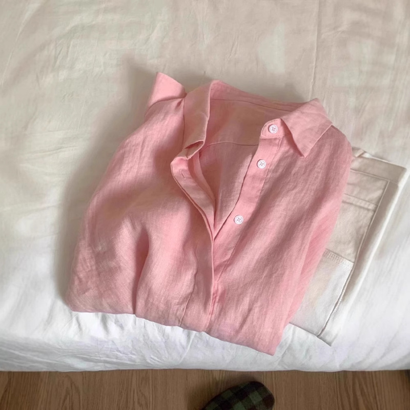 CHAO FIRE recommend! Pink Tencel Linen Shirt Women's Design Sense Loose Casual Korean Ins Sunscreen Top