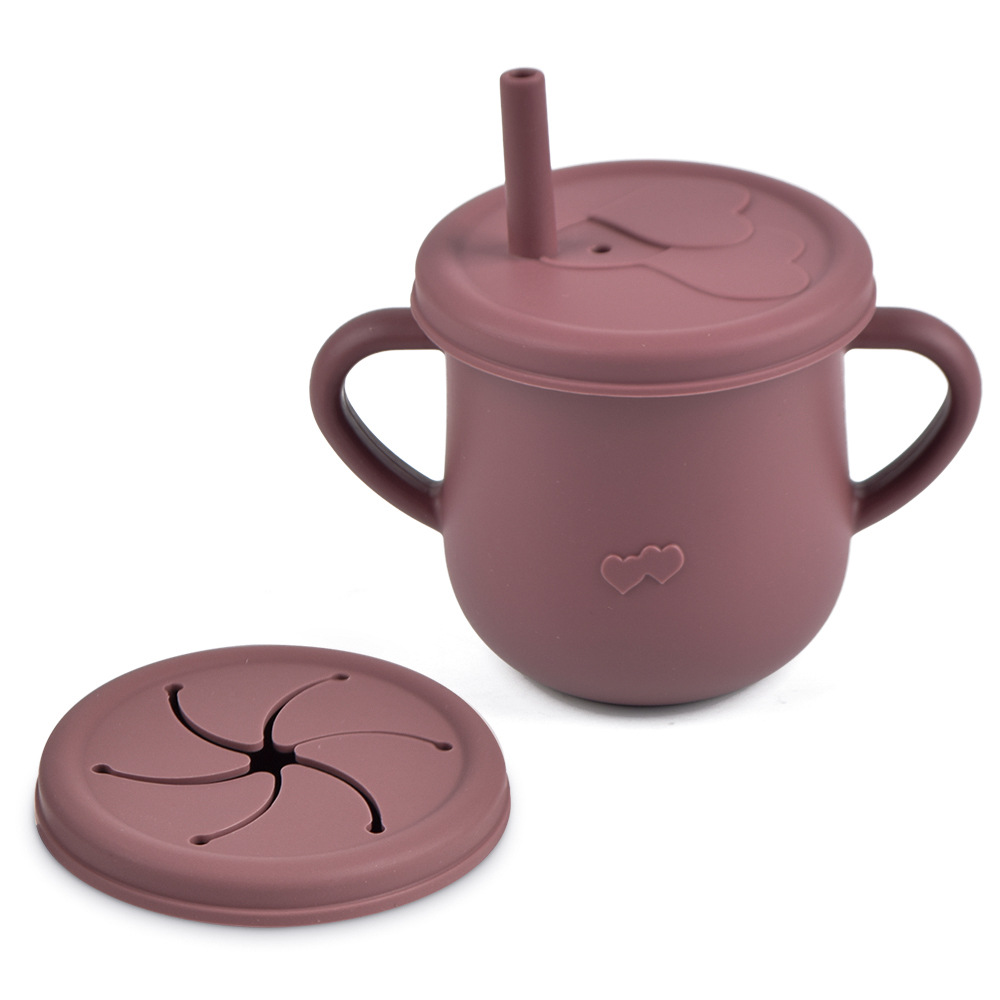 Silicona de grado alimenticio para niños snack Cup mango binaural portátil resistente a la caída con taza de paja de bebé taza de bebida de silicona