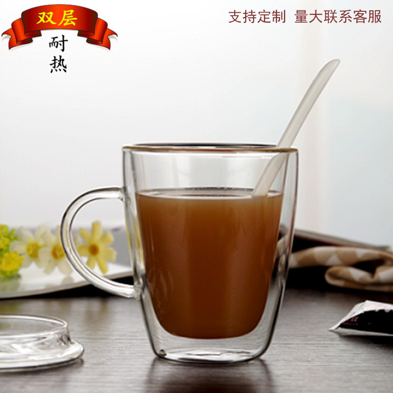 诺比尔双层玻璃杯透明耐热咖啡杯带盖办公室果汁杯厂家批发直销