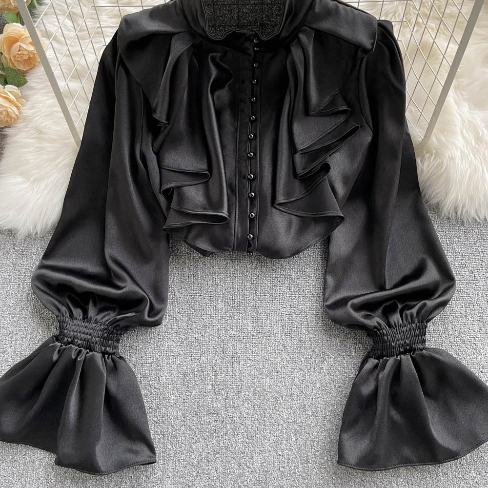 Chic GraceChic GraceChic GraceChic Foreign Trade French High-End Shirt For Women With Ruffled Stand Collar, Single-Breasted Sweet And Elegant Lantern_voghion.com