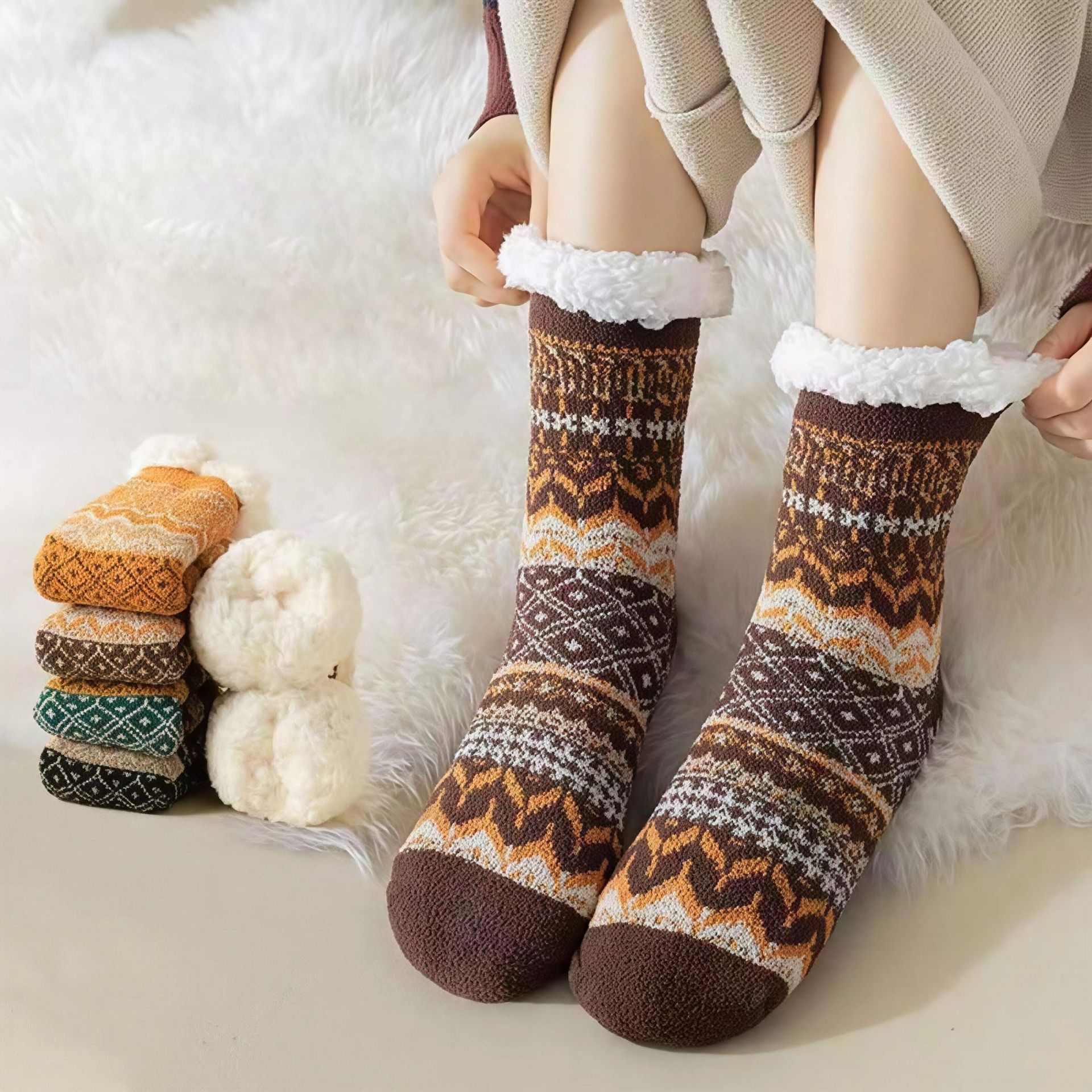 Calcetines nacionales de viento grueso para mujeres calcetines de cachemira cálidos antideslizantes en el hogar calcetines de piso de cachemira ultra gruesas