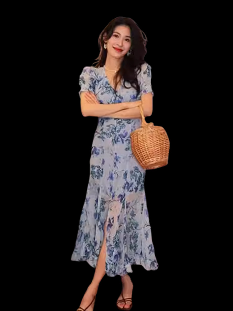 Đầm maxi nữ thắt eo cổ chữ V họa tiết hoa voan xanh kiểu Pháp mùa hè FL231784 — Váy liền màu xanh lam chi tiết 6