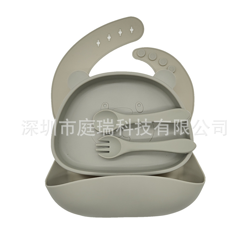 Gris ahumado (Bib + Placa de oso + cuchara de tenedor de silicona)