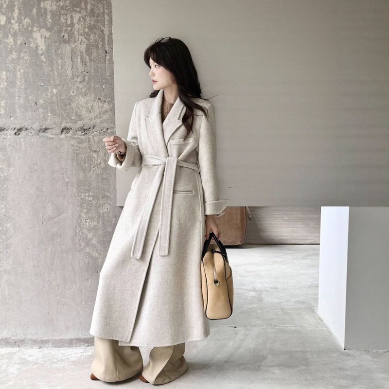 2026 Autumn Korean Style Simple and Elegant Thickened Belted Long Wool Coat with Shoulder Pads and Belt Blazer 2026 Autumn Korean Style Simple and Elegant Thickened Belted Long Wool Coat with Shoulder Pads and Belt Blazer