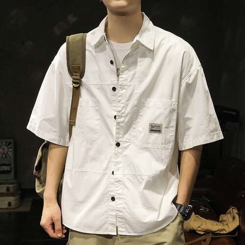 American retro new large size fat guy work shirt, men's short-sleeved loose summer high-end half-sleeved fat guy cross-border