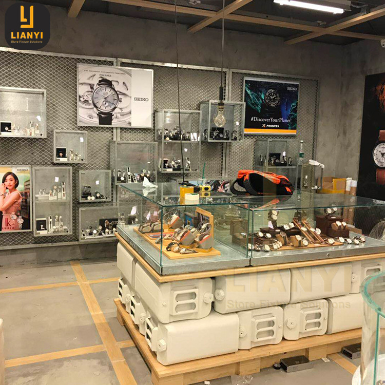 商场品牌手表店柜台金属桌面玻璃柜墙面铁网手表展示架玻璃柜定制