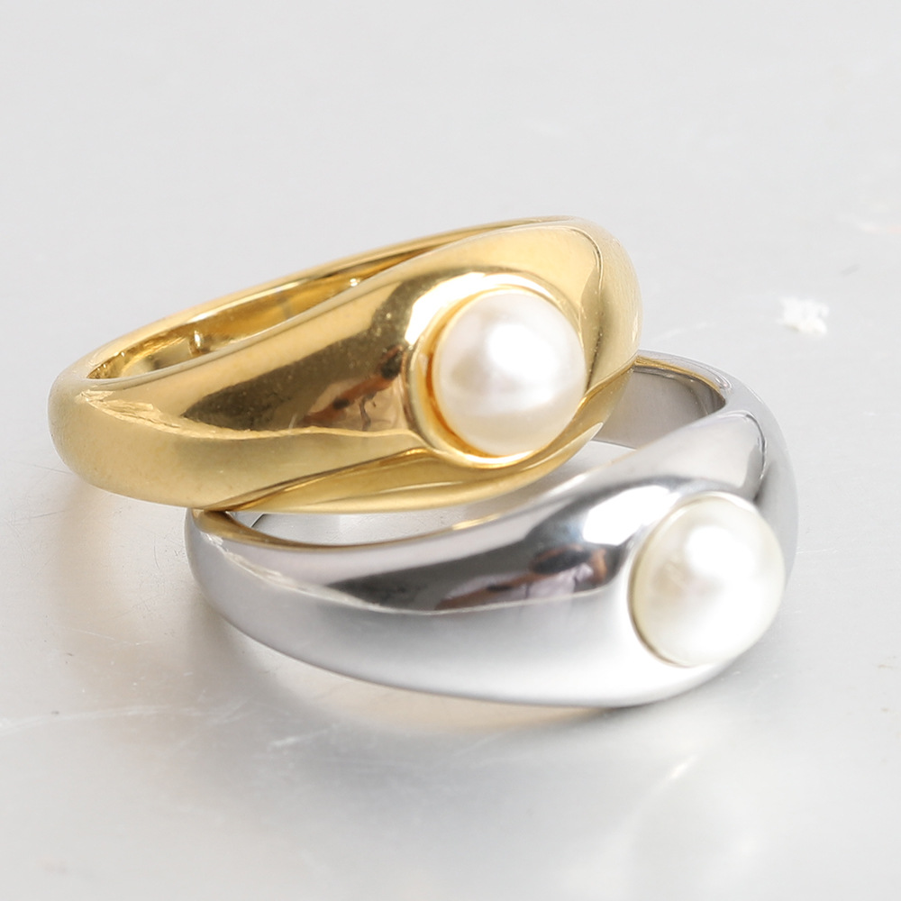 Classic Style Geometric Titanium Steel Plating Inlay Artificial Pearls Rings display picture 3