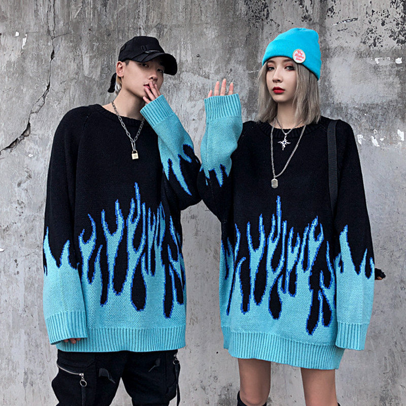 Suéter cálido par desgaste llama ins japonés suelta hip hop High Street cuello redondo suéter de manga larga hombres y mujeres